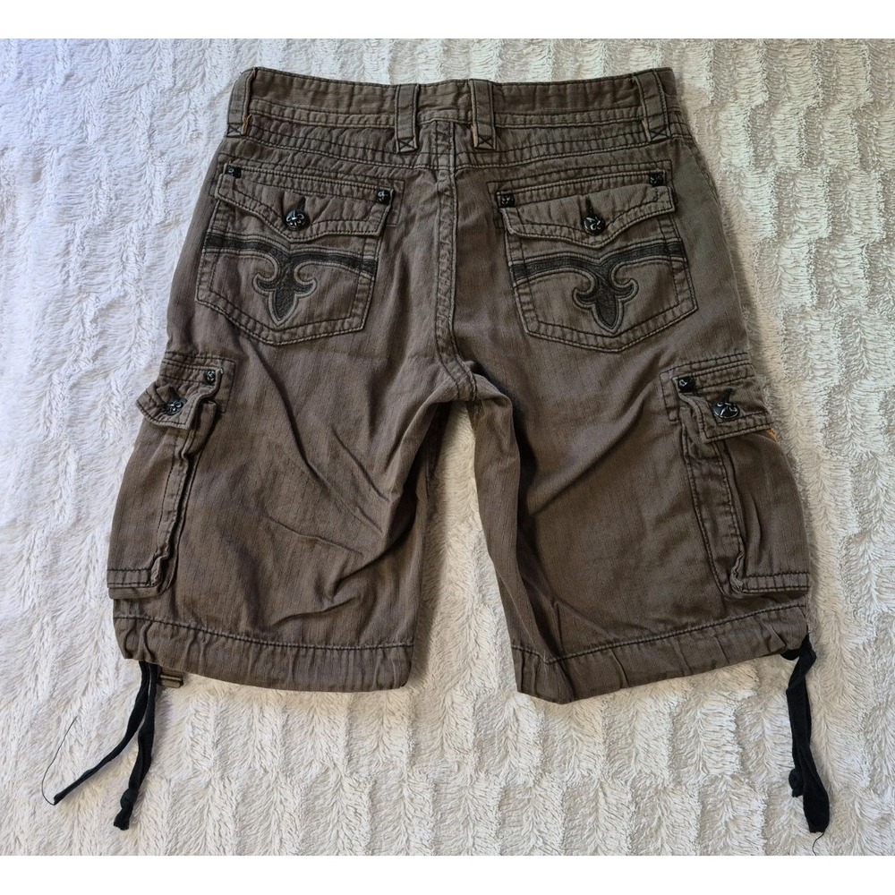 Rock Revival Cargo Shorts Men's 32/23 Brown Cotton Fleur De Lis Y2K Embroidered